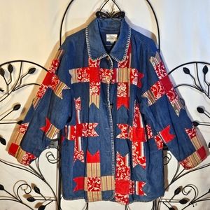 Susan Bristol Oversized Denim Jacket with Cloth Patterns